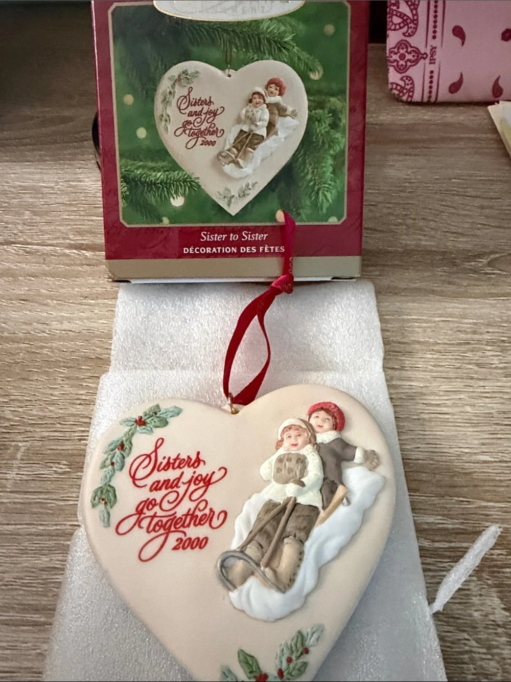 Hallmark Heart Ornament - Cream, Red, Green Holiday Sisters Design